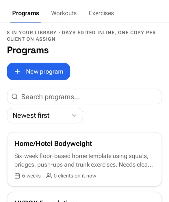 The program library in the coach dashboard